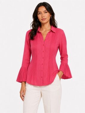 Peter Martin Pink Linen Pintuck Pleated Bell Sleeve Button Front Blouse XL